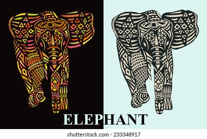 Two patterned silhouette of an elephant. Elephant with colorful pattern on a dark background and an elephant with a uniform pattern on a light background. Vector illustration.