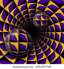 Two patterned spheres on a hole background. It seems that they are moving inward. Optical illusion illustration.