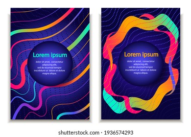 Two patterns in blue with a bright gradient abstract pattern on a blue background and space for an inscription. Vector layout of a cover, poster, invitation, flyer. 