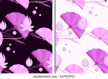 Two patterns with the japanese style fans and blossom lotus. The first pattern on the dark background and second pattern on the white one.