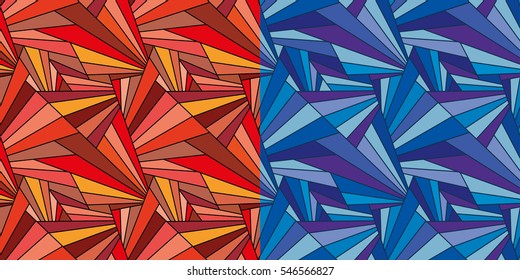 Two patterns. Red end blue. Abstract geometric seamless pattern. Geometric shapes of different colors. 