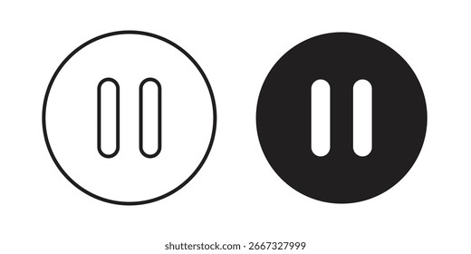 Two pause button icons, one black and one line art, in circular frames, isolated on white.