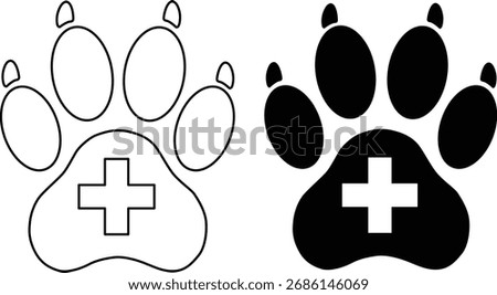 Two paw prints, one outlined and one solid black silhouette, each featuring a white cross, isolated on a white background.