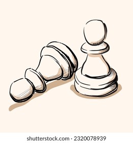 Two pawns are chess pieces sketch. Lies and stands. Vector hand-drawn illustration.