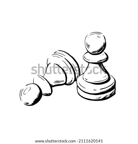 Two pawns are chess pieces sketch. Lies and stands. Vector hand-drawn illustration.