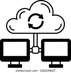 Two Pc Connected Cloud Devices Vector Icon Design, Cloud Processing Symbol, Computing Services Sign, Web Service and Data Center stock illustration, consolidating data across different sources Concept