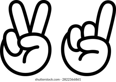 Two peace and rock on hand gesture icons isolated transparent background