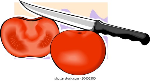 two peaces of tomato and knife	