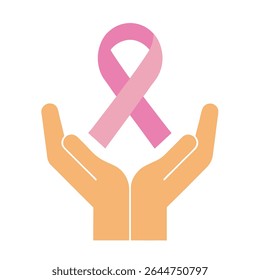 Two Peach Colored Hands Gently Holding a Pink Awareness Ribbon Symbol Isolated on White Background