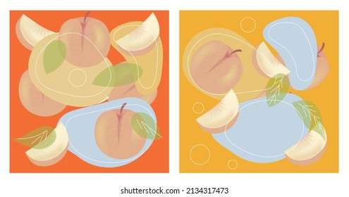 Two peaches pattern. Full fruit and its parts, card for website design, posters or banners. Fruits and vitamins, summer or spring season, still life, pieces. Cartoon flat vector illustration