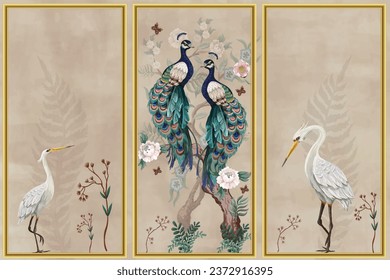 Two peacock chinoiserie style golden Frame mural wallpaper