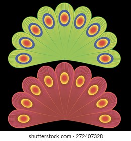 Two peacock tail: green and red.