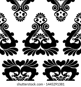 Two Peacocks holding flowers together - Indian Traditional and Cultural Rangoli, Alpona, Kolam or Paisley vector line art is in Seamless Pattern