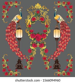 Two peacocks standing on the lamp and red roses with gold frame - vector illustration