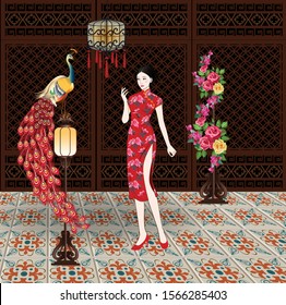 Two peacocks standing on the lamp and red roses with gold mirror- vector illustration