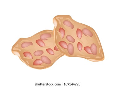 Two Peanut Crackers Made By Peanut or Groundnut on A White Background, Thai Snack of Dietary Fiber, Vitamins and Minerals. 