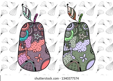 Two pear fruits zentangle stylized, vector illustration, hand drawn. Zen art pear colorful doodle with abstract pattern. Ornamental pattern for print, poster design. Background with doodles. - Vector