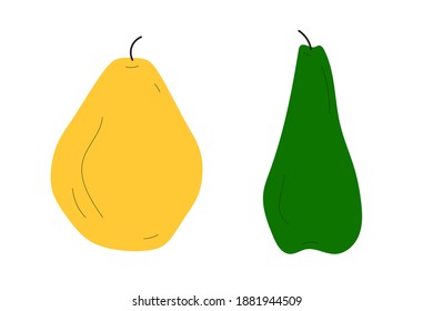 Two pears in comparison. One is yellow, orange, red and the other one is green. Two different sorts. Thin and tall one and thick one. 