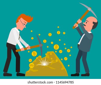 Two peasants extract virtual currency and help pickax. Vector illustration. Flat design style.