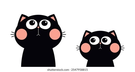 Silueta de cabeza de gato mirando hacia arriba. Orejas rosadas. Ojos grandes. Conjunto de personajes de dibujos animados. Lindo gatito negro kawaii bebé animal doméstico. Tarjeta de felicitación. Impresión de la etiqueta engomada. Diseño plano Vector de fondo blanco