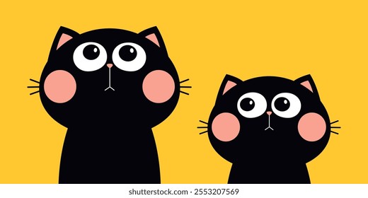 Two peeking cat face head silhouette looking up. Big eyes. Cartoon character set. Cute kawaii black kitten baby pet animal. Greeting card. Sticker print. Flat design. Yellow background. Vector