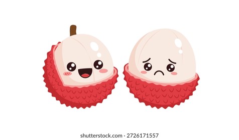 Two peeled lychee fruit characters showing contrasting emotions, one with a big happy smile and the other looking very sad.