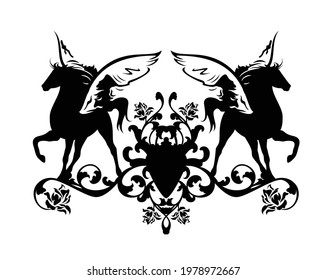 two pegasus horses and rose flowers heraldic decor - pair of winged stallions black and white vector coat of arms design
