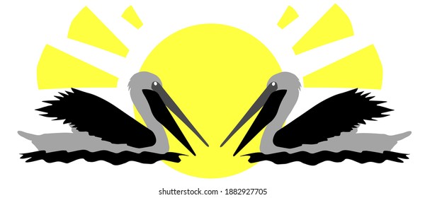 Two pelicans on the background of the sun, abstract eps10 vector illustration with copy space for your text. Save the wild animals.