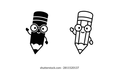 Two pencil silhouettes with smiling faces and waving hands black and white graphic pencils writing
