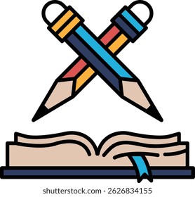Two pencils and a book. The pencils are crossed over each other, and the book is open to a page with a pencil on it. Concept of creativity and learning, as the pencils