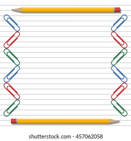 Two pencils and clips on lined background.