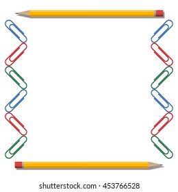 Two pencils and colored clips on white background.