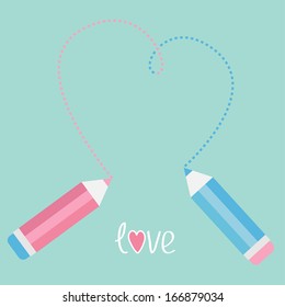 Two pencils drawing big dash heart. Love card. Vector illustration.