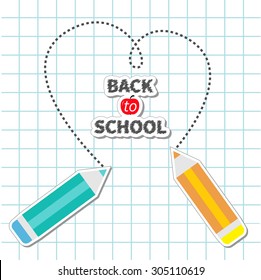 Two pencils drawing dash heart Paper sheet background Exercise book Back to school card. Flat design Vector illustration 