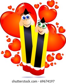 Two pencils funny you look with love on a background of red hearts, vector