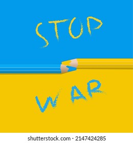 zwei Bleistifte auf dem Hintergrund der Farben der Flagge der Ukraine mit der Aufschrift beenden den Krieg. Vektorgrafik