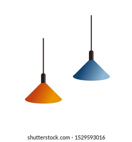 Two pendant lights are painted in orange and blue. Isolated on a white background. The decor of the house, room, work.