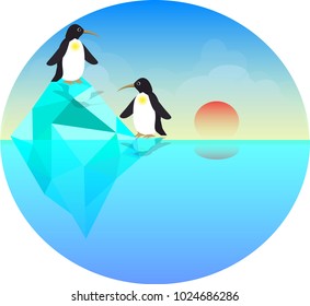 two penguin bird on ice berg on the sea scape with sunrise and blue sky background, vector art and illustration.