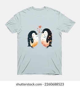 two Penguin in cartoon style with love heart, t shirt template for valentine's day.