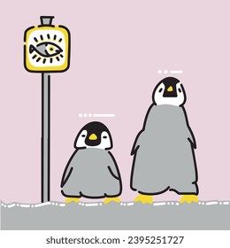 Two penguin chicks waiting for something near a marker with a fish symbol