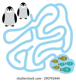 Two penguin and fish on white background  labyrinth game for Preschool Children. Vector