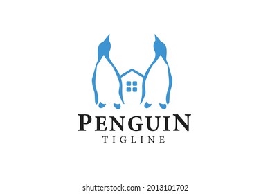 two penguin logo building house vector illustration