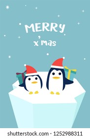 Two penguin wearing Santa Claus with gift box,Cute cartoon Character, vector illustration in flat style