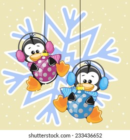 Two Penguins in a fur headphones on the background of snowflake 