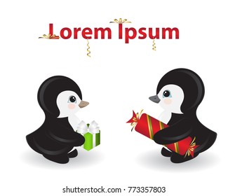 Two penguins giving gifts with love. The male and female are a sweet couple.Penguin with a big candy, a female with a gift box,decorated with decorative ribbons, a bow.Isolated. Birthday, valentines 