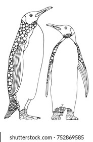 Two penguins. Hand drawn picture. Sketch for anti-stress adult coloring book in zen-tangle style. Vector illustration  for coloring page, isolated on white background.