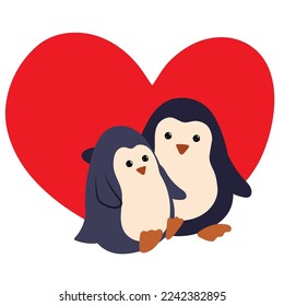 Two penguins, he and she, on the background of a red heart, sit in an embrace on a white background. Design element, logo, picture