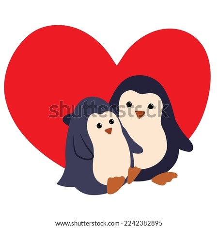 Two penguins, he and she, on the background of a red heart, sit in an embrace on a white background. Design element, logo, picture