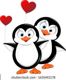 Two penguins with heart shaped balloons. Penguins on a white background. Little penguins.
