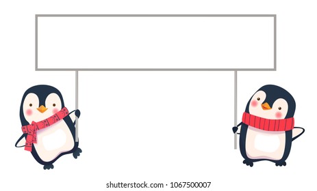 two penguins holding banner